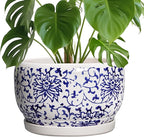 SQOWL Ceramic Pots for Plants - 10 Inch Ceramic Flower Pots with Drainage Hole and Saucer, Round Large Planter Indoor, Decorative Porcelain Planter Outdoor, Home Decor, Birthday Gifts, Blue and White