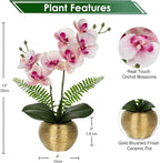 Briful Fake Orchid Fake Plant 13''Pink Orchids Artificial Flowers with Gold Ceramic Vase Faux Orchid for Home Office Gold Table Centerpiece Decor Indoor