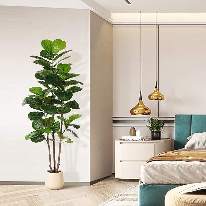 Realead 6ft Fiddle Leaf Fig Tree Artificial with Tall Exquisite Planter - Tall Faux Fiddle Leaf Fig Tree with Natural Trunk and Lifelike Leaves - Fake Fig Tree for Home Living Room Indoor Decor