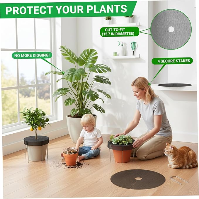 Plant Pot Cover - 4Pcs Cat Proof Indoor Plant Protector with Mesh Grid & Stakes, 15.7 Inch Soil Protector to Deter Cats Animals