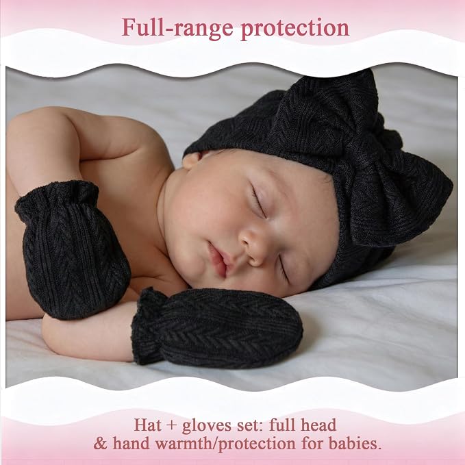 Newborn Baby Girl Hats Mittens Set Cotton Hospital Bow Hat Beanies Caps Gloves for New Born Girls 0-6 Months