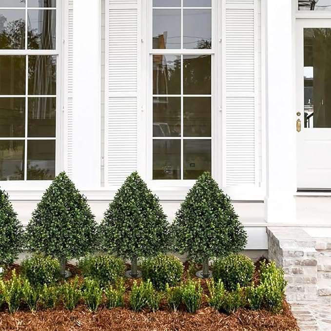 Briful Faux Boxwood Topiary Shrub with Ground Spike, 29.5" Artificial Topiary Trees Outdoors Fake Potted Boxwood Plants for Front Porch Garden Yard Home Decor