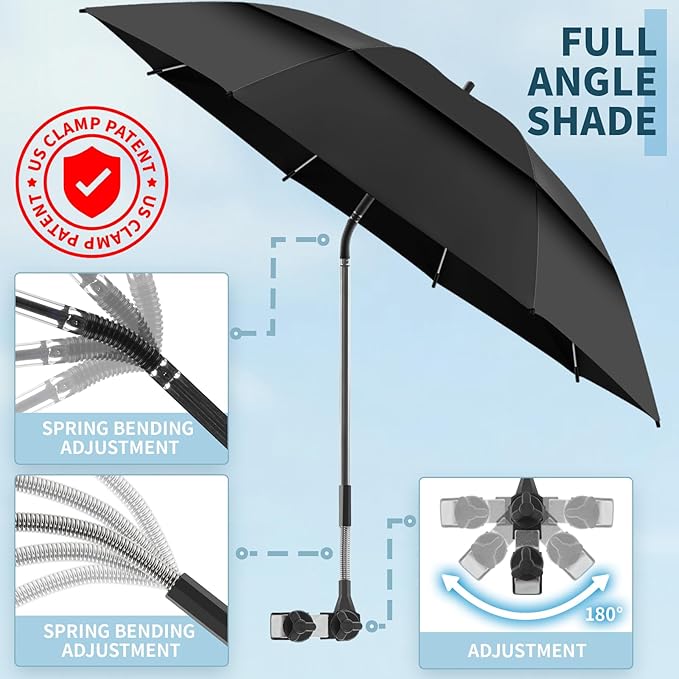 2 Pack 48.6" Double Canopy Umbrella with Clamp, UPF50+ Beach Chair Umbrella with Clip, 360°Adjustable Portable Outdoor Wheelchair, Patio, Golf Carts,Camping（Black）