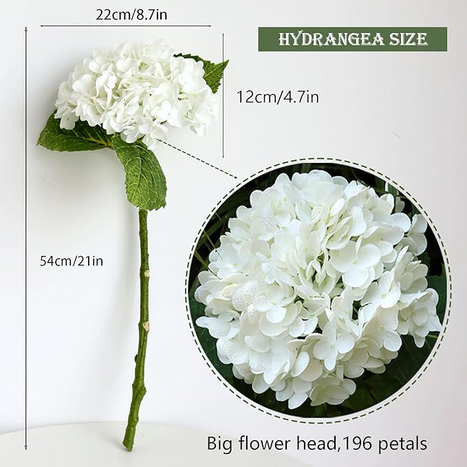 Buart 4PCS Long Stem Big Size White Flowers Artificial Silk Hydrangea Lifelike Flowers Real Touch White Artificial Flowers Wedding Shower Bride Bouquets Office Living Room Table Decorations (21 Inch)