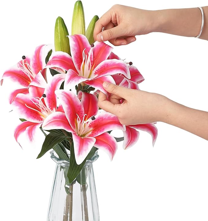 GarveeLife Artificial Tiger Lily Flowers with Vase, Real Touch Easter Lily Faux Flowers for Home Table Centerpieces Wedding Baby Shower Birthday Party Decoration, UV Resistant, 3 Stems with 6 Flowers