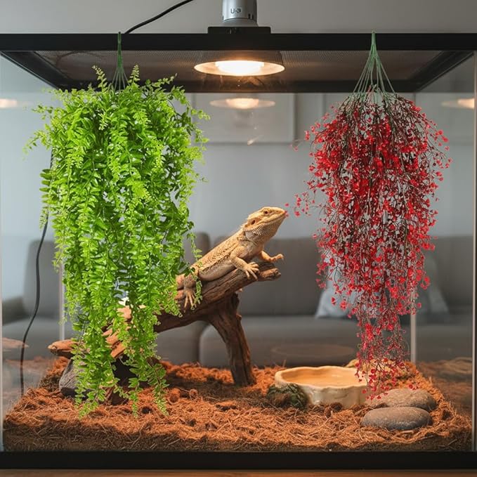 PINVNBY 2 Pack Reptile Plants Terrarium Hanging Fake Vines with Suction Cup Artificial Leaves for Bearded Dragons Lizards Geckos Snake Hermit Crab (Red and Green)