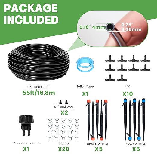 Maotong 55ft Drip Irrigation System Kit, Garden Watering System DIY Automatic Irrigation Equipment Set for Lawn Raised Bed Greenhouse Plant Watering with 1/4'' Tubing, Drip Emitters, Connectors