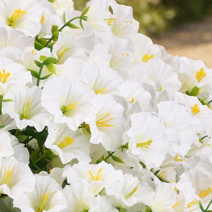 CEWOR 24 Bundles Artificial Flowers for Outdoor Indoor, Fake Silk Morning Glory with Eucalyptus Leaves, Faux Flower for Garden Front Door Porch Planter Patio Home Decor (White)