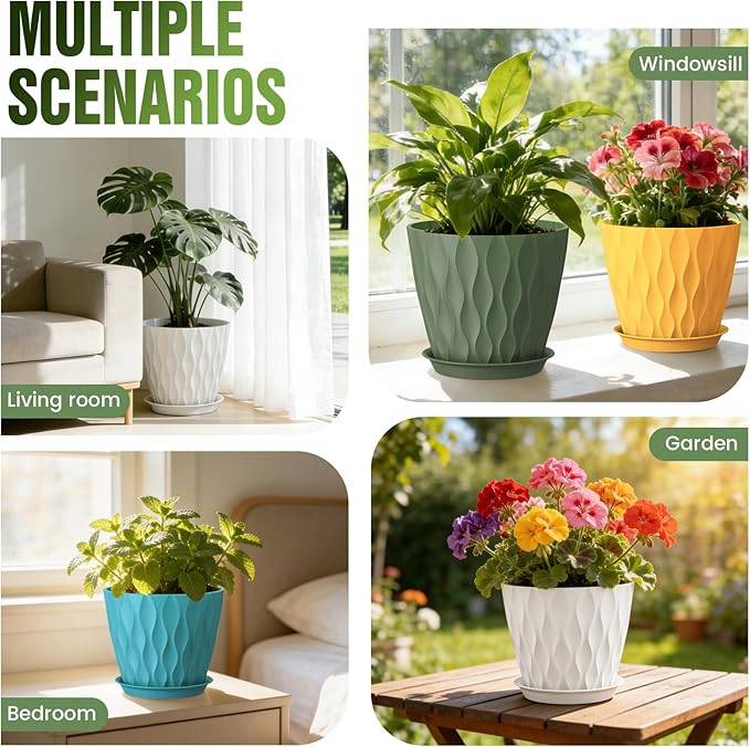 8" Water Wave Plant Pots with Drainage Holes & Saucers, 4 Pack Modern Textured Medium Planters for Indoor Outdoor Plants, Decorative Flower Pots Repotting Set for Flowers, Herbs (Multicolor)