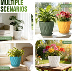 8" Water Wave Plant Pots with Drainage Holes & Saucers, 4 Pack Modern Textured Medium Planters for Indoor Outdoor Plants, Decorative Flower Pots Repotting Set for Flowers, Herbs (Multicolor)