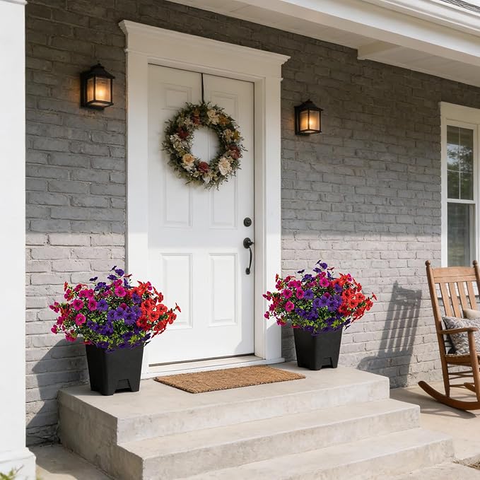 17 Inch Artificial Faux Pansy Flowers for Outdoor,Fake Pansies Flowers with Eucalyptus Leaves Fake Plants Greenery Boxwood Porch Patio Decor 6 Bundles(Red,Rose Red,Dark Purple)