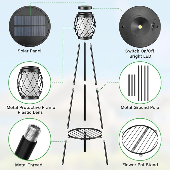 MXwcy 2-in-1 Solar Lights Outdoor with Plant Stand, Waterproof Vintage Solar Floor Lamp & Metal Planter Holder, Tall Geometric Lantern Tripod for Patio, Garden, Yard, Porch Decor (2 Pack)