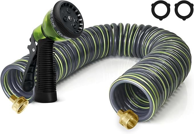 Coil Hose 50FT EVA Coil Garden Hose With 3/4'' Brass Connector Coiled Water Hose Lightweight And No Kink Includes 7 Patterns Spray Nozzle For Outdoors Lawn Watering Car Washing