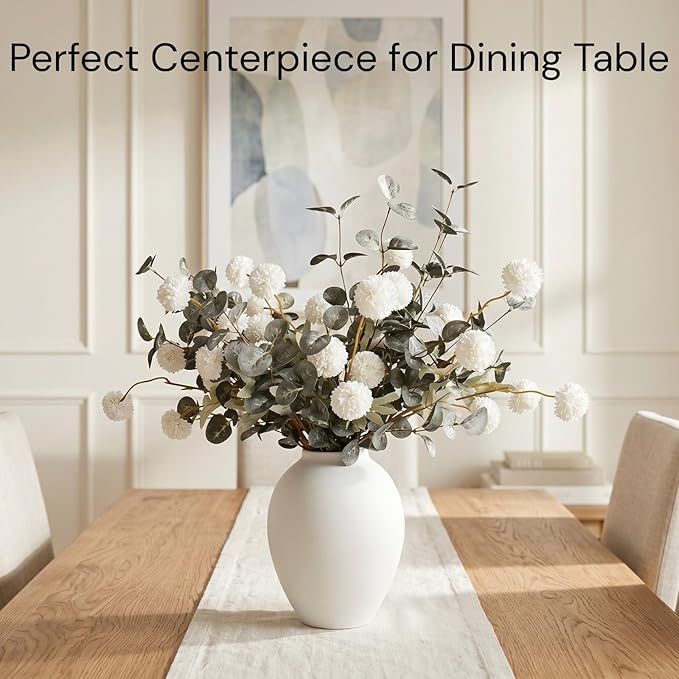White Artificial Flowers & Greenery With Vase, Faux Floral Arrangement Centerpiece for Dining Table, Realistic Silk Flowers With Modern Vase for Kitchen, Living Room, Bedroom, Entryway & Bathroom