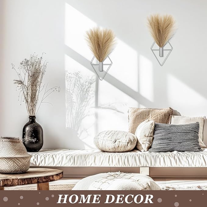 Canlierr 2 Pieces Boho Wall Decor Hanging Planters with Artificial Plants Metal Hanging Vase Indoor Plants Holder Modern Wall Art for Bathroom Bedroom Living Room Decor, Silver, Pampas Grass