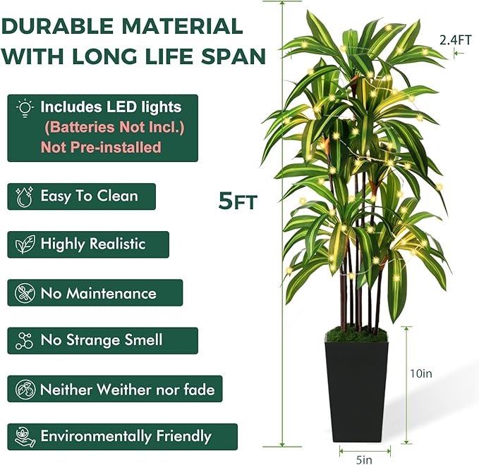 Artificial Dracaena Tree 5FT, Fake Plants with Black Tall Planter - Fake Tree Tall Faux Plants Indoor Floor Plant with Moss - Artificial Plants Indoor for Office Living Room Home Decor