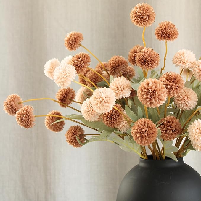Artificial Flowers with Vase for Home Decor - Faux Mum Flower Arrangement Centerpiece, 12 Stems Beige and Brown Silk Flowers in Black Iron Vase for Dining Table Living Room Office Bedroom