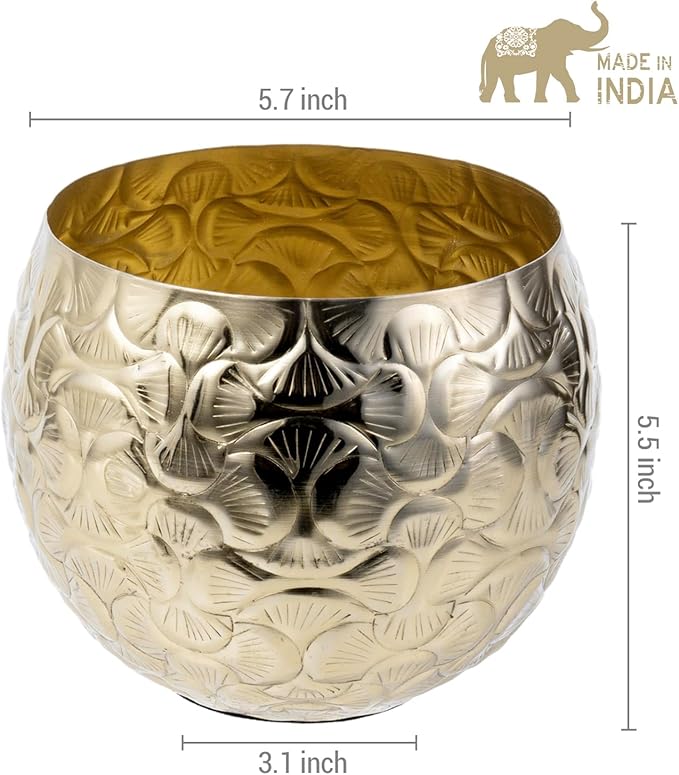 MyGift 5.5 inch Vintage Style Brass Tone Metal Embossed Ginkgo Leaf Design Planter Pot Bowl for Indoor Plants - Handcrafted in India