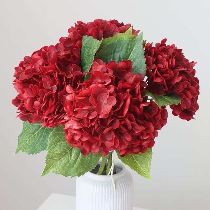 Buart 4PCS Long Stem Big Size Flowers Artificial Silk Hydrangea Lifelike Flowers Real Touch Red Artificial Flowers Wedding Shower Bride Bouquets Office Living Room Table Decorations (21 Inch)