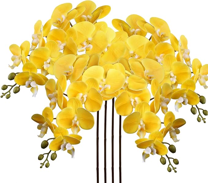 4 Pcs Artificial Orchid Flowers 9 Large Heads of Real Touch Vivid Phalaenopsis Orchid Flower Stem 31.5'' Tall, Artificial Flowers Branches for Home Decor, Office House Decor-Yellow Phalaenopsis