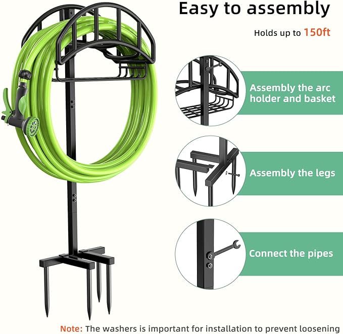 Garden Hose Holder - Upgraded Metal Reel With Tool Storage Basket, Heavy Duty Freestanding Water Hose Holder Holds 150ft, Detachable Storage Hanger for Outside