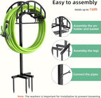 Garden Hose Holder - Upgraded Metal Reel With Tool Storage Basket, Heavy Duty Freestanding Water Hose Holder Holds 150ft, Detachable Storage Hanger for Outside