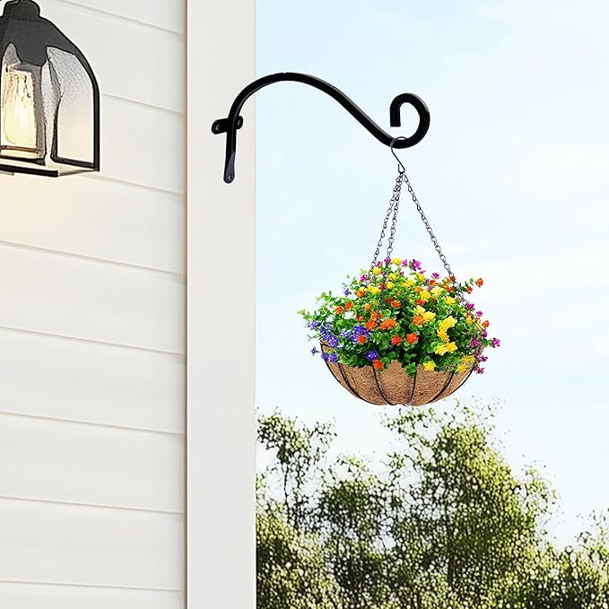 Hourleey 4 Pack Plant Hanger Outdoor, 8 Inch Heavy-Duty Hanging Plant Hook for Outside Basket, Black Metal Wall Mount Plant Bracket Hook for Flower Baskets Bird Feeder