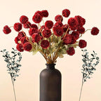 RyddeligHome Faux Red Flowers Artificial 10 Long Stems + Eucalyptus, Burgundy Wine Colored Silk Mum Flowers for Decor, Fall Table Centerpieces, Dark Red Faux Mums