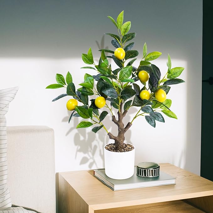 Caxchiling 24Inch Fake Lemon Tree, Lemon Decor for Tabletop, Desk, Centerpiece, Home, Kitchen, Living Room, Artificial Potted Plants with White Planter and Stone Cover