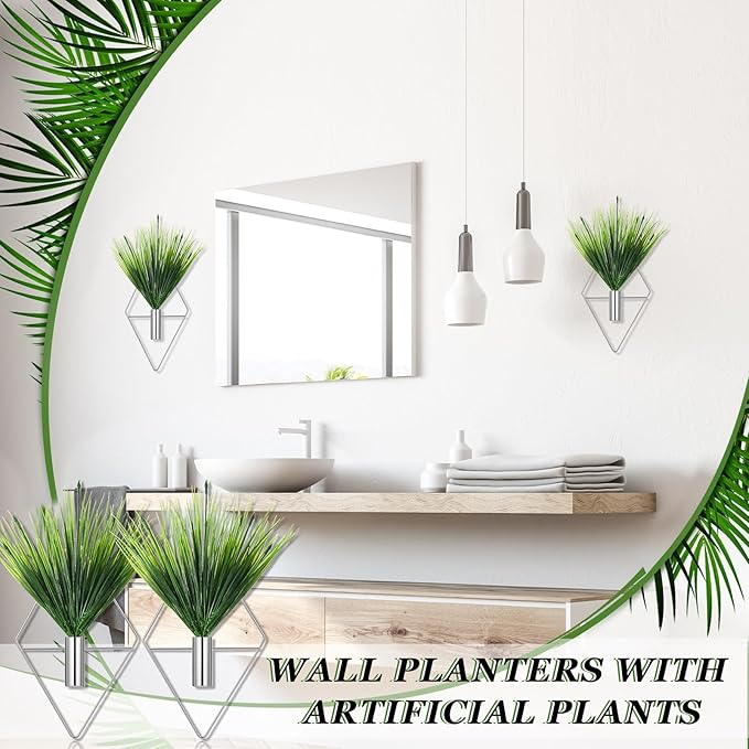 Canlierr 2 Pieces Wall Decor Hanging Planters with Artificial Plants Metal Hanging Vase Indoor Plants Holder Modern Boho Wall Art for Bathroom Bedroom Living Room Decor(Silver,Aquatic Plant)