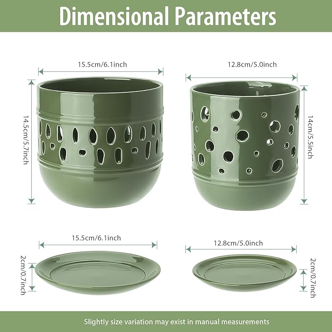 Orchid Pots with Holes, 5+6 Inch Ceramic Orchid Pot, Enhance Good Ventilation and Drainage, Flower Pots for Indoor/Outdoor Plants 2 Pack - Forest Green