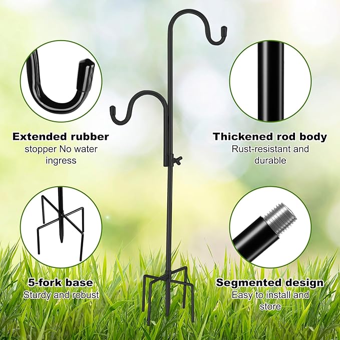 FrutPunch Double Hook Design Shepherds Hooks for Outdoor, 1Pack 35Inch Bird Feeder Pole with 5-Claw Base, Adjustable Shepherds Hook for Bird Feeder for Hummingbird, Plant Supporter, Wedding Decor