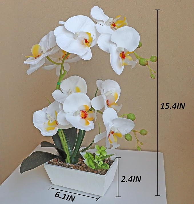 Fake Orchid Realistic Artificial Flowers Real Touch White Orchid Fake Potted Plants For Home Decor Indoor Phalaenopsis Orchids Centerpiece Flower Arrangement Table Decorations For Dining Room Bathroom