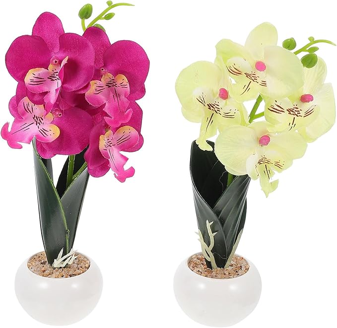 COHEALI Artificial Phalaenopsis Flowers Bonsai 2pcs, Realistic Simulation Butterfly Orchid Desk Decor with Green and Purple White Flower Arrangements for Living Room and Home Decoration