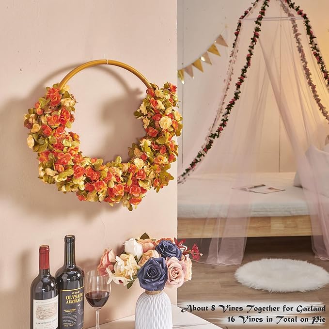 6 Pcs x 8.2 ft Flower Garland Artificial Rose Vine Flowers with Green Leaves Hanging Fake Roses Vine for Room Party Home Wedding Birthday Christmas Wall Arch Decor, Fall Champagne Flower