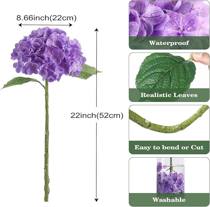 Coferset Purple Hydrangea Artificial Flowers 3pcs Lifelike Faux Hydrangea Real Touch Fake Flowers for Home Wedding Christmas Office Party Living Room Decoration,22inch