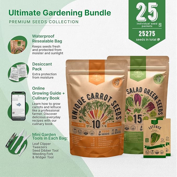 10 Carrot & 15 Lettuce Seeds Variety Pack Bundle, 25,325+ Non-GMO Heirloom Garden Seeds for Planting Carrots and Leafy Greens for Indoor & Outdoor Gardening