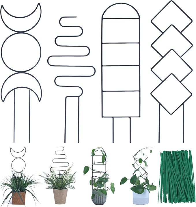Indoor Plant Trellis for Climbing Plants, 16inch Small Garden Metal Trellis for Potted Plants Outdoor with Different Patterns for Vine Ivy Flower Plant Support 4 Pack