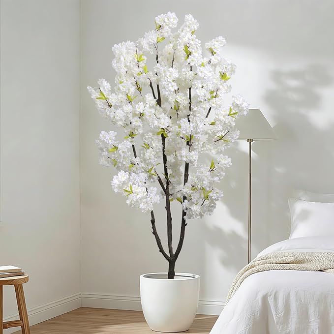 Faux White Cherry Blossom 6ft(72in) Artificial Floor Plant for Indoor Decor Natural Potted Tree with Texture Flowers and Realistic Wood Trunk for Home Living Room,Office Perfect Housewarming Gift