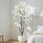 Faux White Cherry Blossom 6ft(72in) Artificial Floor Plant for Indoor Decor Natural Potted Tree with Texture Flowers and Realistic Wood Trunk for Home Living Room,Office Perfect Housewarming Gift