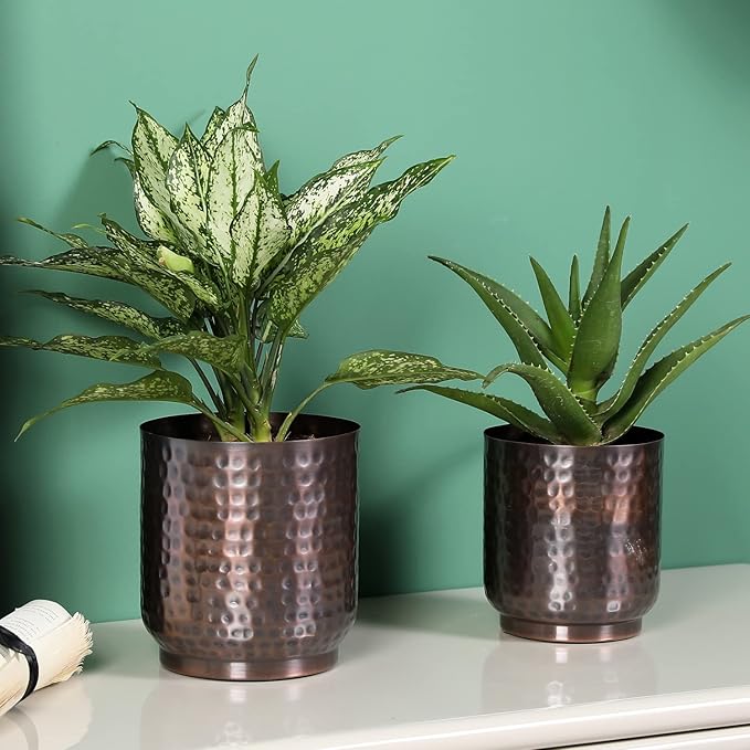 MyGift Handmade Hammered Vintage Copper Metal Plant Vase, Decorative Indoor Cylindrical Flower Planter Container, 5 and 6 Inch Pots, Handcrafted in India