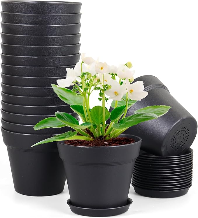 Meowell 6 inch Nursery Pots, 16 Pack Plastic Plant Pots for Indoor Outdoor Plants, Flower Pots with Drainage Holes and Saucers, Decorative Seedling Starter Planters for House Plants, Black
