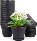 Meowell 6 inch Nursery Pots, 16 Pack Plastic Plant Pots for Indoor Outdoor Plants, Flower Pots with Drainage Holes and Saucers, Decorative Seedling Starter Planters for House Plants, Black