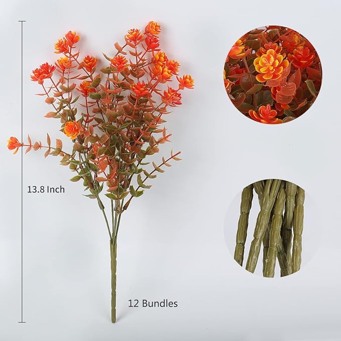 12 Bundles Artificial Outdoor Flowers UV Resistant Fake Plastic Plants No Fade Faux Fall Flowers for Hanging Planter Garden Porch Patio Window Box Wedding Thanksgiving Halloween Decor(Green Orange)