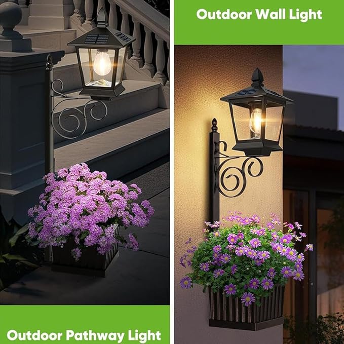 2 in 1 Outdoor Flower Pots for Real or Fake Flowers, Solar Lamp with Planter Base, 27” Wall Mount Decorative Light for Front Porch, Waterproof LED Light for Garden, Patio, Backyard