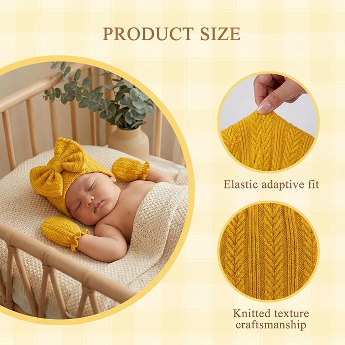 Newborn Baby Girl Hats Mittens Set Cotton Hospital Bow Hat Beanies Caps Gloves for New Born Girls 0-6 Months