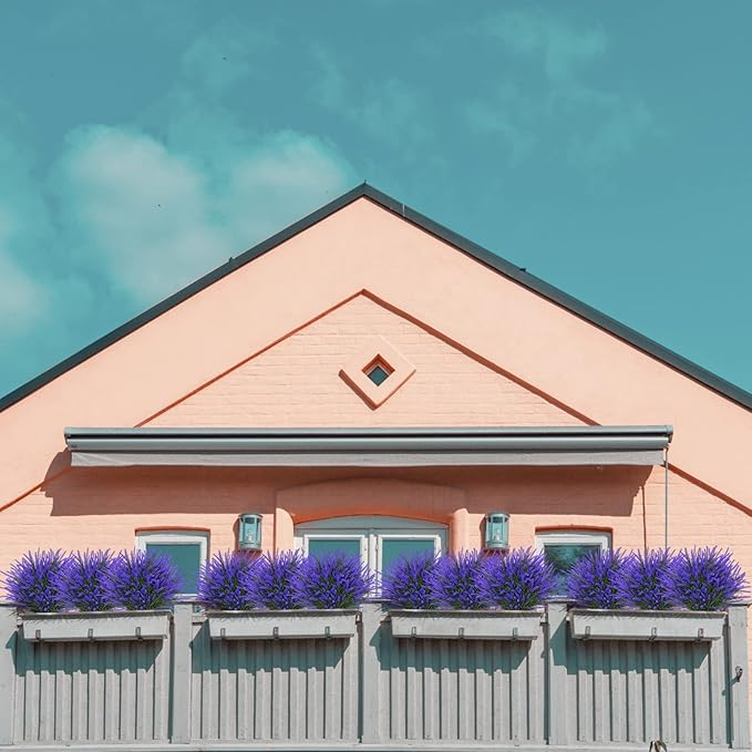 12 Bundles Fake Outdoor Flowers UV Resistant Plants Artificial Lavender Faux Plastic Shrubs Window Box Garden Porch Home Decor(Purple)