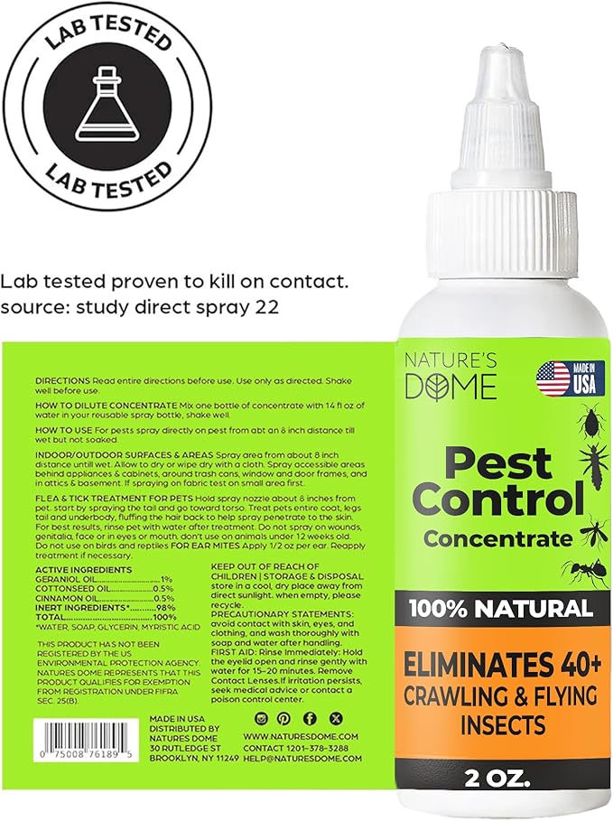 Nature’s Dome Pest Control Concentrate Spray 2 Oz (Pack of 2) | Eco-Friendly Bug & Ant Spray – Each Bottle Makes 16 Oz | Bug Spray for Fleas, Ticks & Mosquitoes | Safe for Pets & Kids