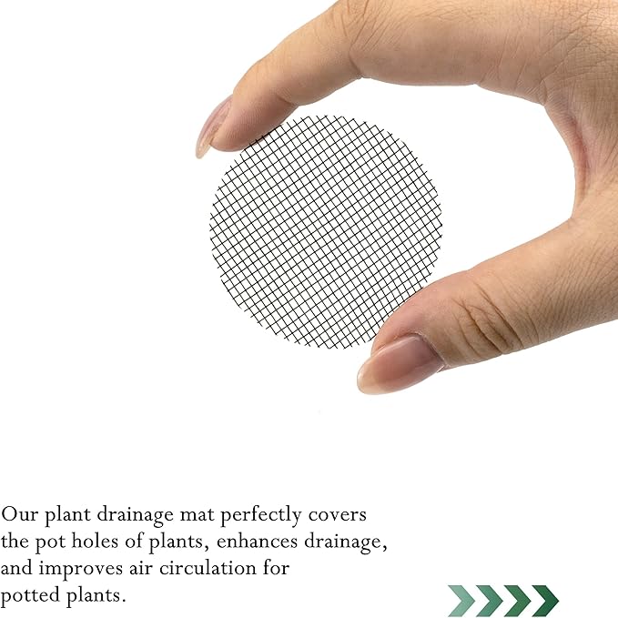 Quacc 100 PCS Flower Pot Hole Mesh Pad, 2/4 Inch Round Plant Pot Drainage Mat, Plant Potting Bonsai Bottom Grid Mat to Prevent Soil Loss (Black)