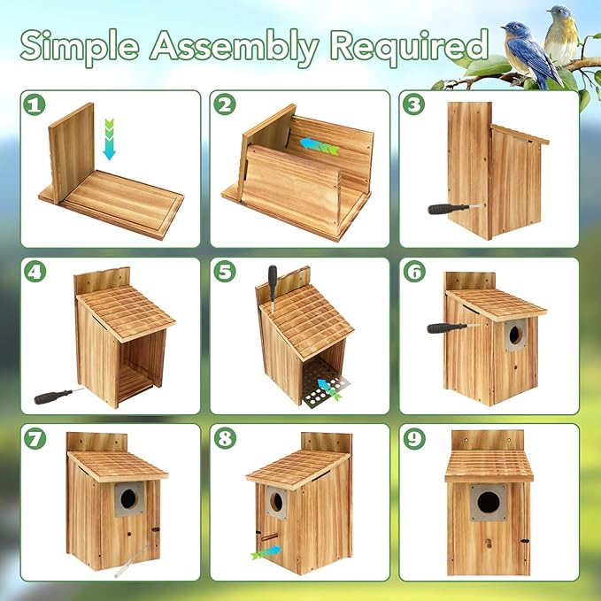 2 Pack Bird Houses for Outside - Cedar Bluebird Houses with Metal Predator Guard, Birdhouse for Wren Bluebirds Finches Swallows, Carbonized Wooden (Assembly Required)